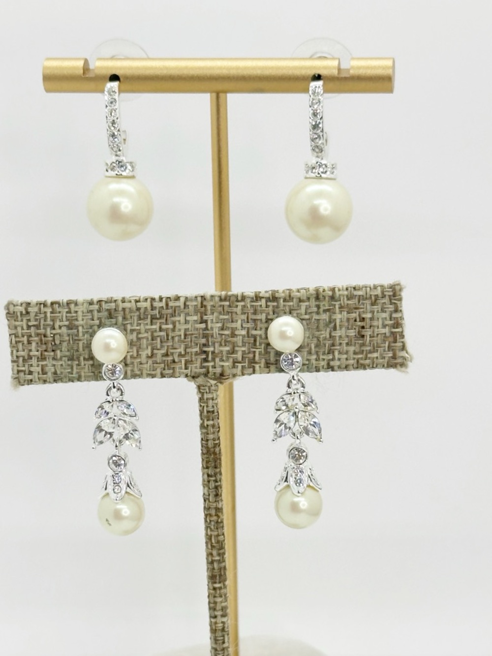 Carolee Faux Pearl and Crystal Drop Earrings Silver Tone Set of 2